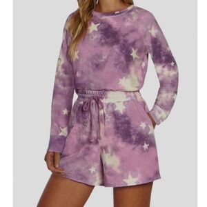 Wildfox Purple Tie-Dye Stars Sweatshirt Shorts Lounge Pajama Set NWT NEW Medium